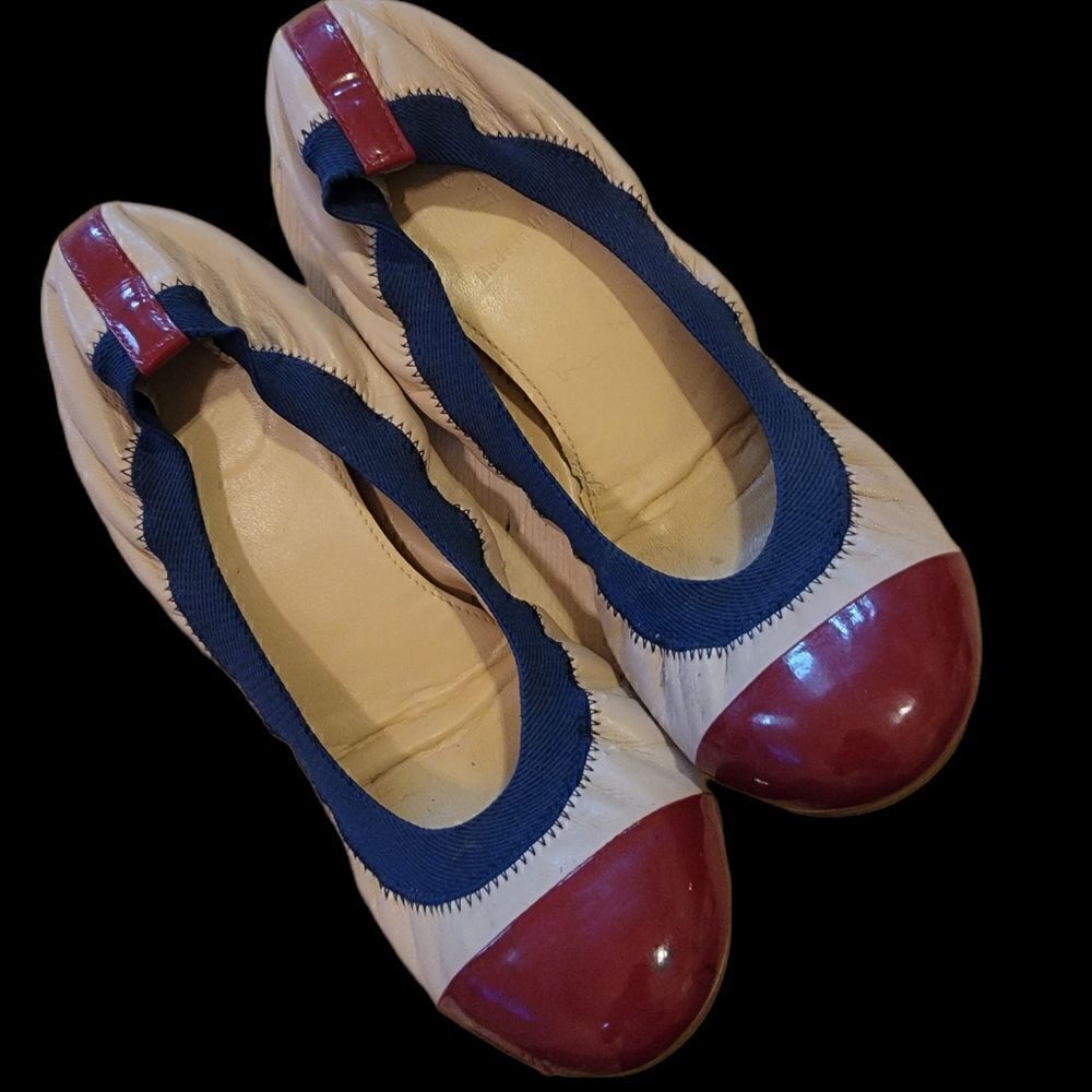 J Crew Mila Leather Cap Toe Ballet in Nude, Red, & Navy. SIZE 7